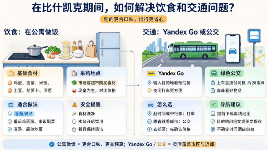 在比什凯克期间，如何解决饮食和交通问题？